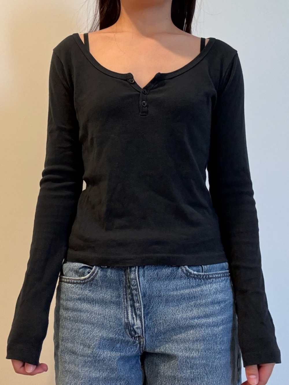 Brandy Melville Off the Shoudler Black Long-Sleeve Henley Button Top - Women's